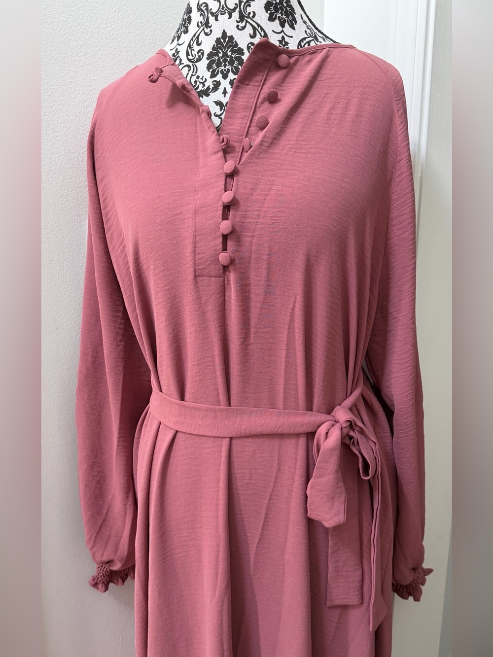 Long Sleeve Rose Mauve Maxi Dress with Tie Waist Abaya